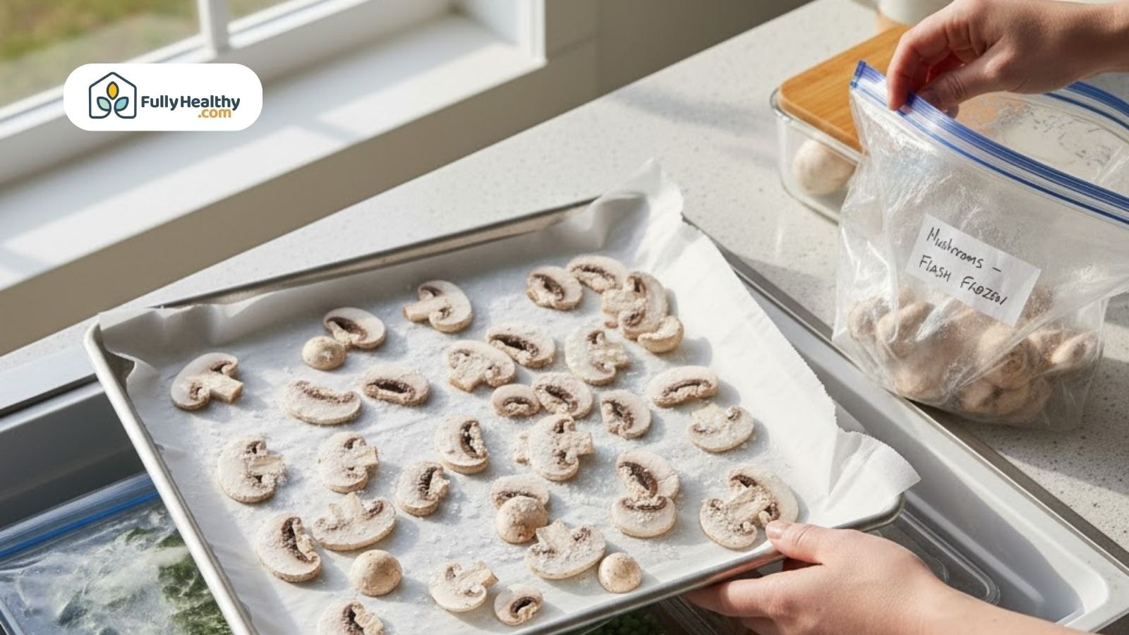 Sliced mushrooms on baking sheet for flash freezing near labeled freezer bag