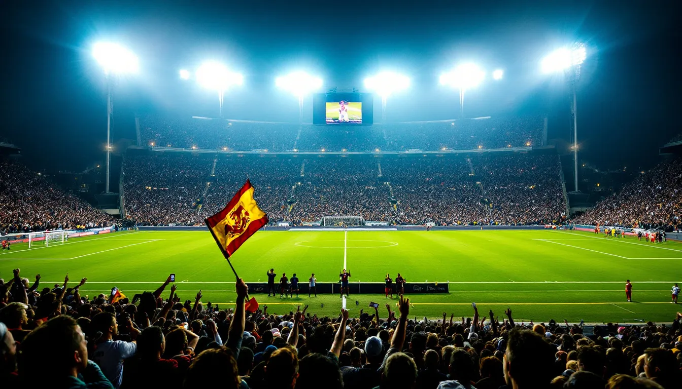 The image shows a vibrant football stadium illuminated by bright lights, filled with a cheering crowd, creating an electrifying atmosphere typical of major sports events. This scene captures the excitement of sports betting and the thrill of live gambling experiences, reminiscent of the energy found in online gaming platforms like roobet.