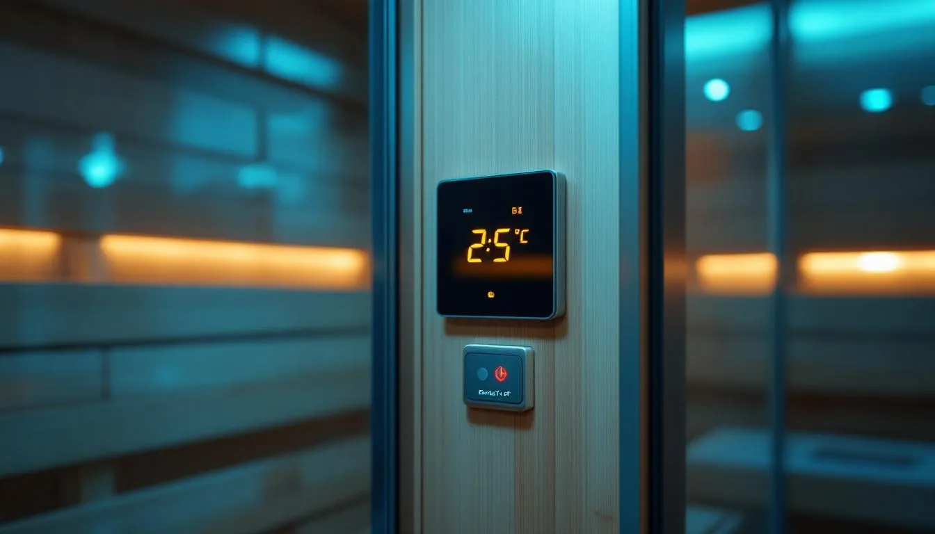 Safety features in a sauna, including temperature controls and emergency shut-off mechanisms.