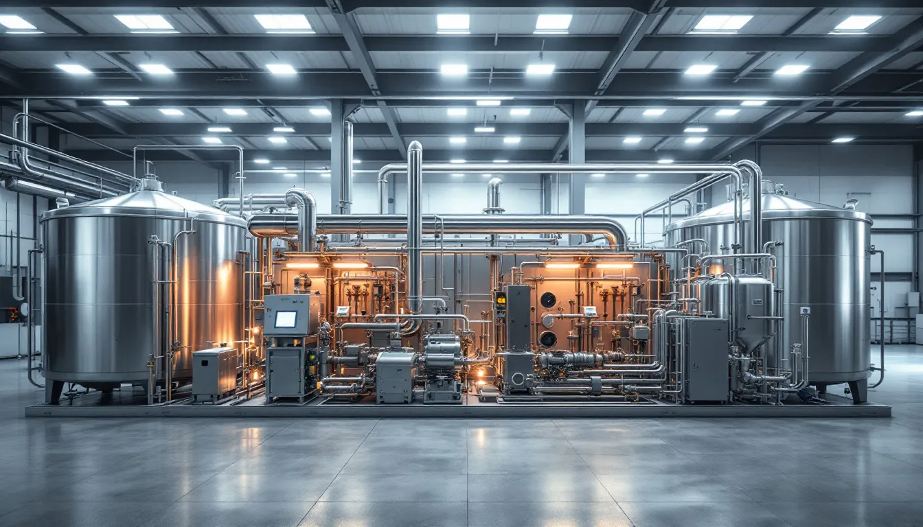 Eine industrielle Wasserstoff-Elektrolyseanlage zur Langzeitspeicherung ist abgebildet, umgeben von Solaranlagen, die Sonnenenergie in Strom umwandeln. Diese Technologie spielt eine wichtige Rolle in der Energiewende, indem sie überschüssigen Solarstrom zur Speicherung in Wasserstoff nutzt.