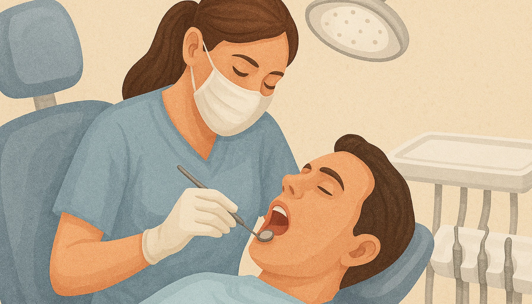 Tannlege utfører undersøkelse på pasient i behandlingsstol under lys, med fokus på trygg og profesjonell tannbehandling.