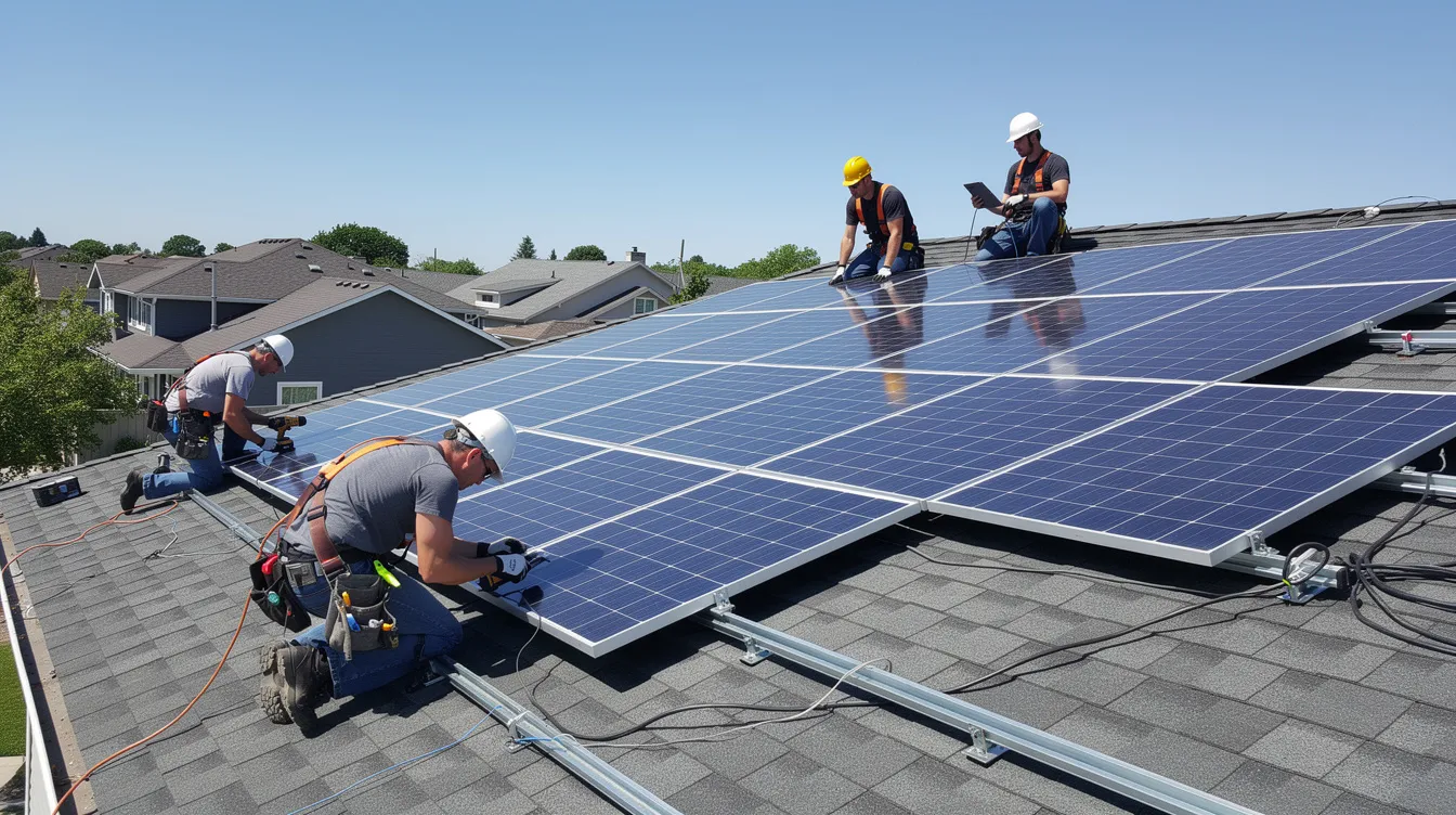A team of solar panel installers at work on a rooftop.