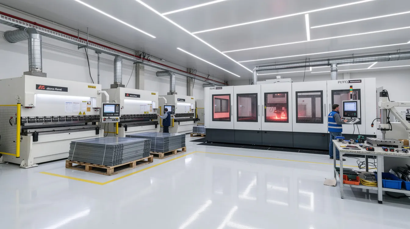 The image depicts a clean manufacturing facility floor filled with CNC press brakes and laser cutting machines, showcasing the sheet metal bending process. Inspection equipment is also visible, emphasizing the precision and tight tolerances required for bending sheet metal parts like stainless steel and carbon steel.