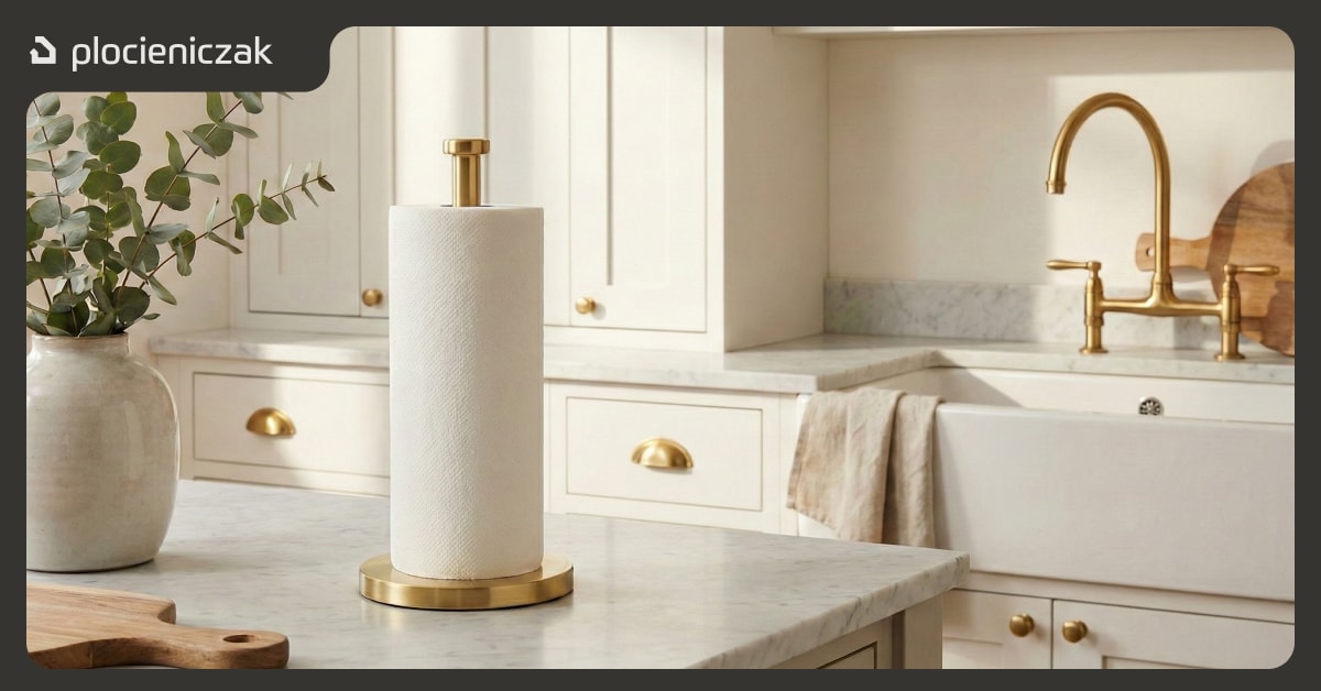 Spójne wykończenie kuchni premium – mosiężny uchwyt na ręcznik dopasowany do armatury i okuć
