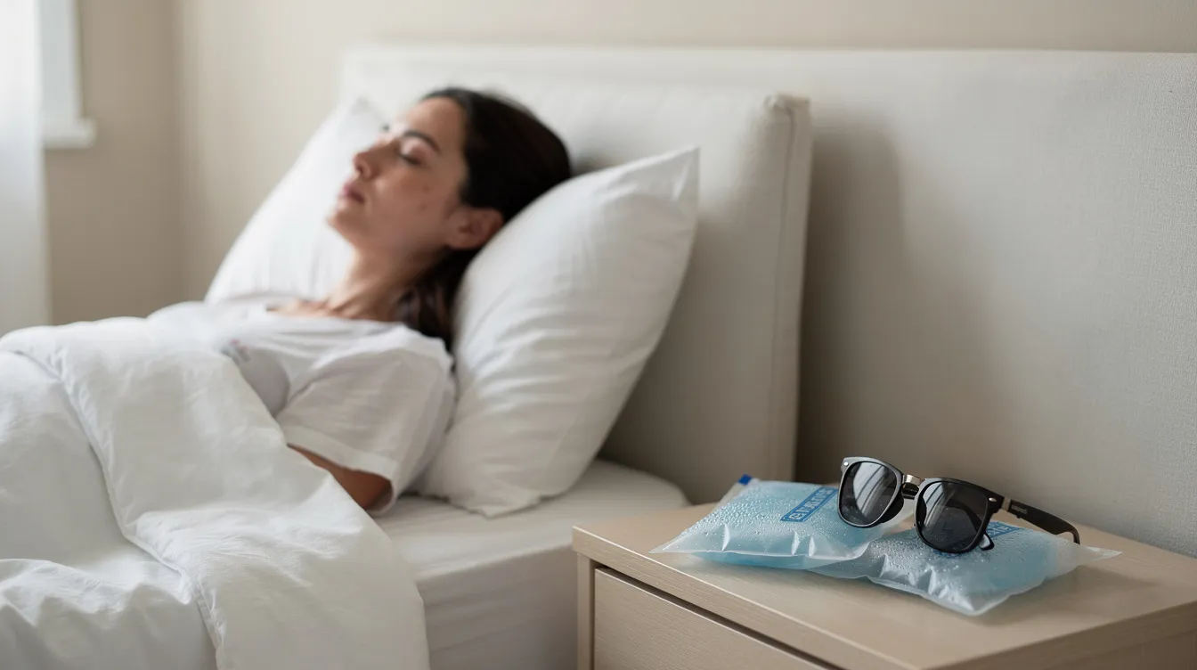 A person is resting upright in a comfortable setting, with sunglasses placed nearby and cold compresses on a bedside table, indicative of the recovery process after undergoing upper blepharoplasty. The scene reflects the importance of proper healing and managing initial swelling during the eyelid surgery recovery period.