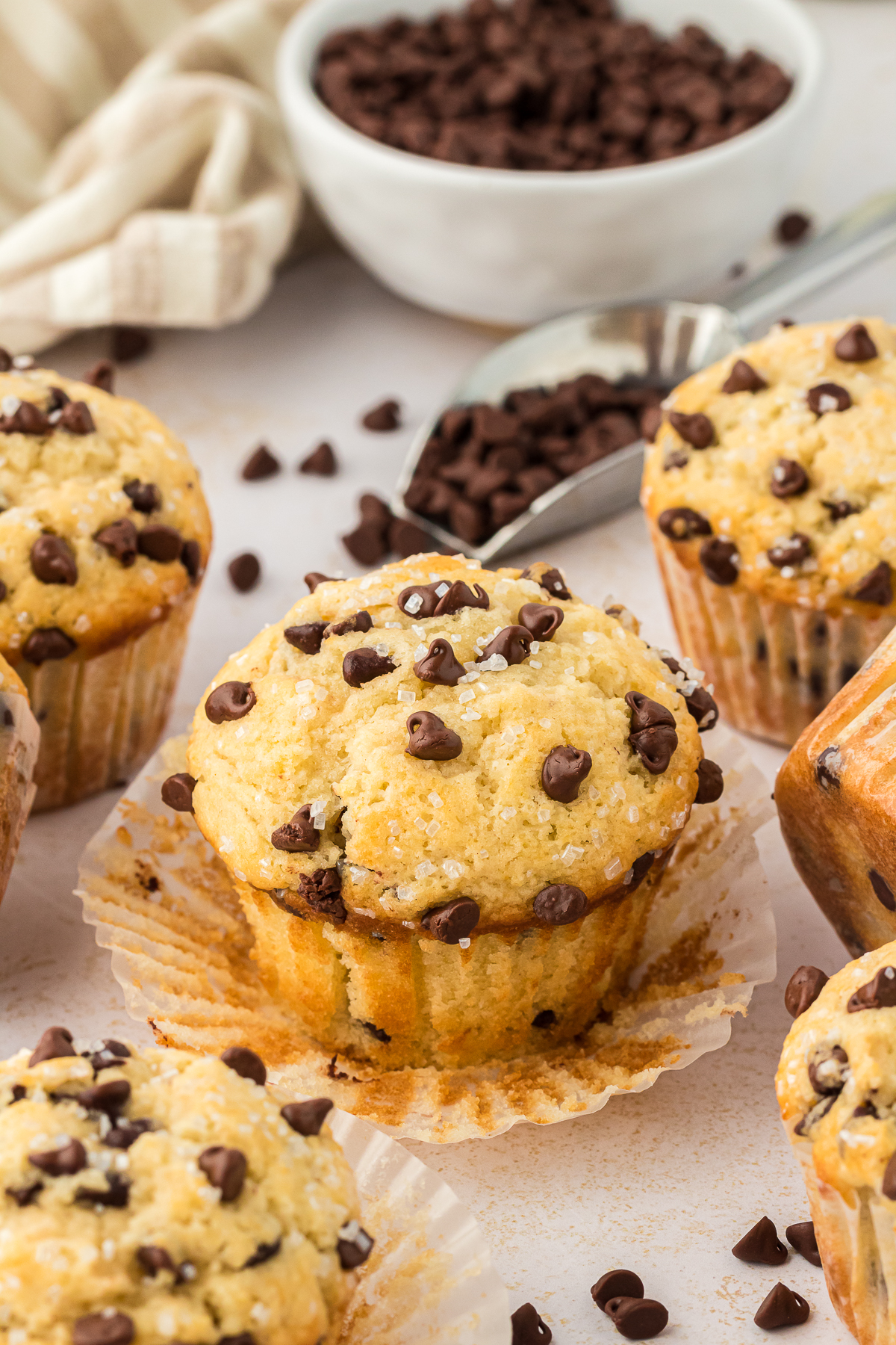 chocolate chip muffins and a small bowl mini chocolate chips