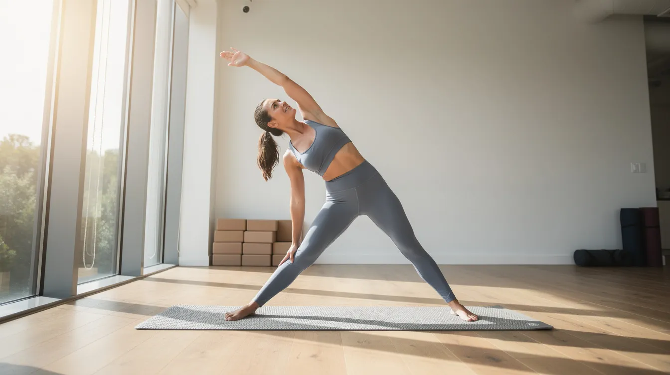 A woman in a fitted sports bra and leggings is stretching in a bright and spacious yoga studio, embodying confidence and comfort in her gym clothing. The scene captures the essence of fitness and activewear, highlighting the importance of functionality and style in workout clothing.