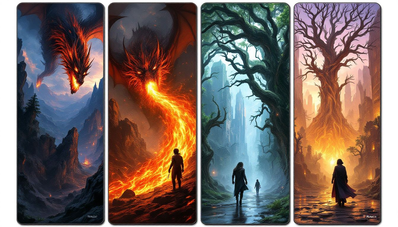 Different types of MTG playmats displayed side by side.