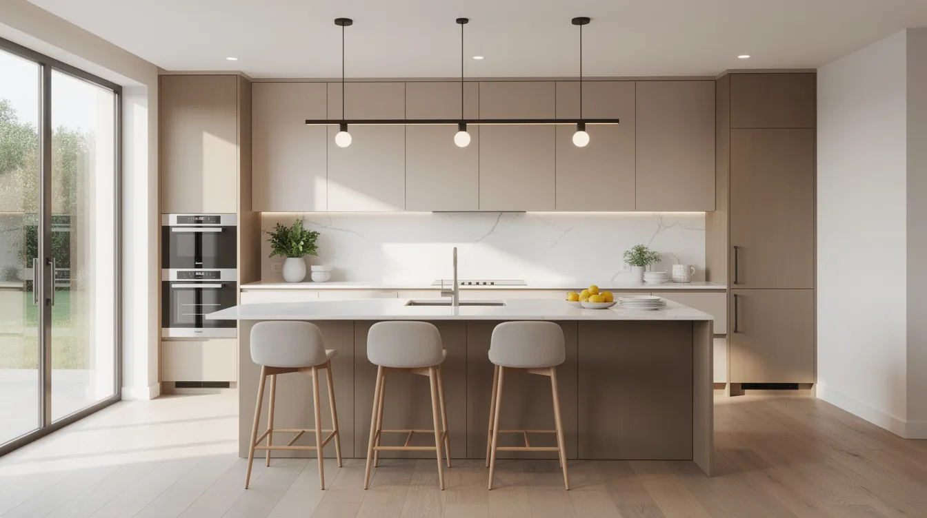 The image depicts a bright modern kitchen featuring handleless cabinets in warm neutral tones, a spacious kitchen island with seating, and stylish pendant lights overhead, creating an inviting atmosphere for social gatherings. The sleek lines and minimalist aesthetic reflect contemporary design, making it an ideal space for cooking and entertaining.