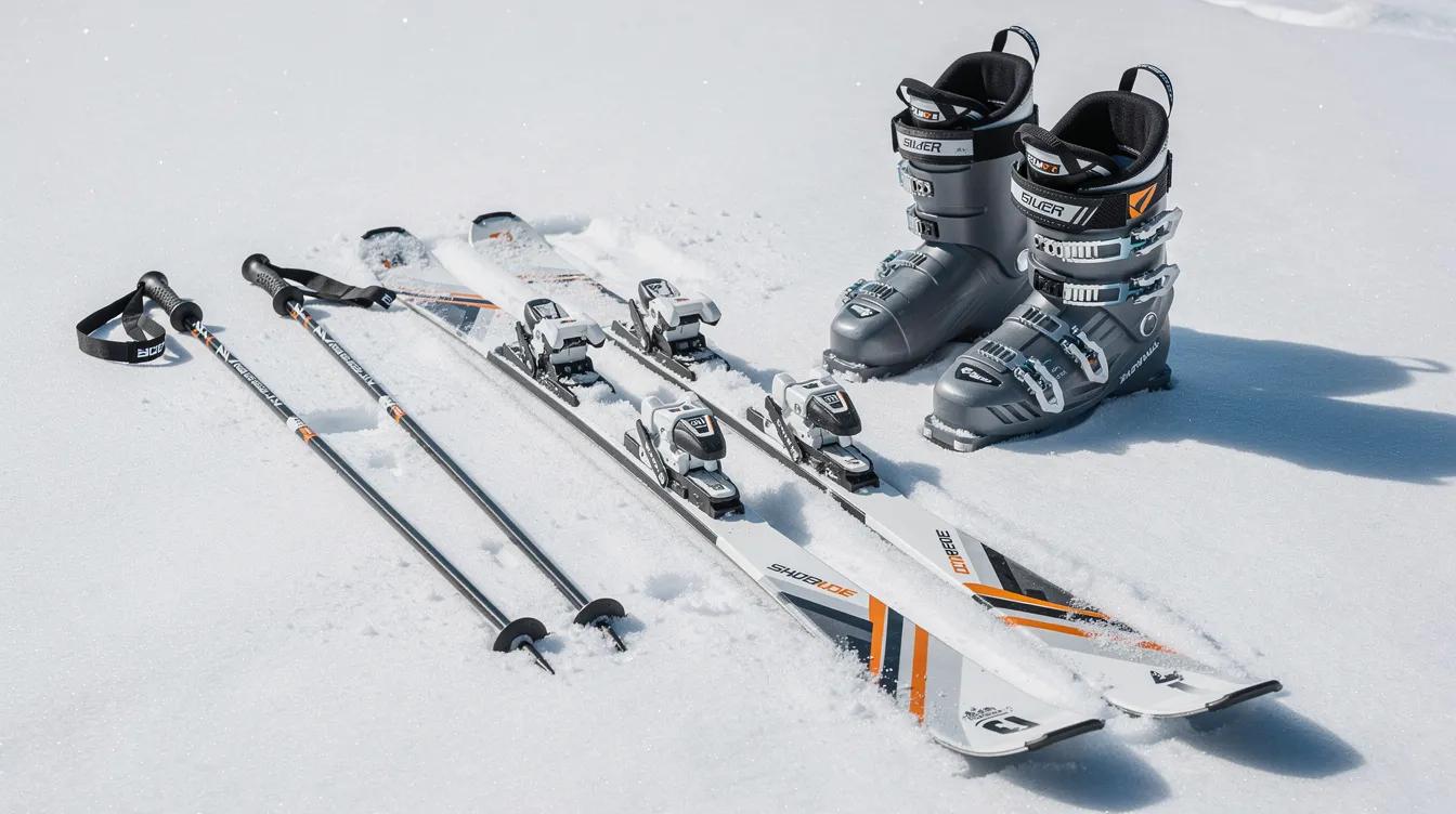 Die Skiausrüstung, bestehend aus Skiern, Stöcken und Skischuhen, liegt auf einer schneebedeckten Fläche. Diese essentielle Ausrüstung ist ein wichtiger Bestandteil für deinen Skiurlaub und sorgt für Spaß und Komfort beim Skifahren in den Bergen.