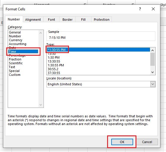 In the Format Cells dialog box, Click Time under category lists, choose a time format code under the Type field, and click OK.