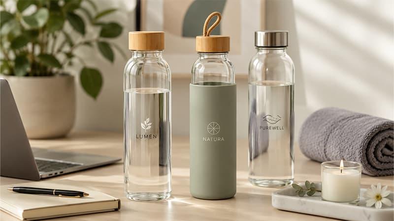 Custom glass water bottles with bamboo lids, silicone sleeve, and clean logo designs for wellness and premium gifts