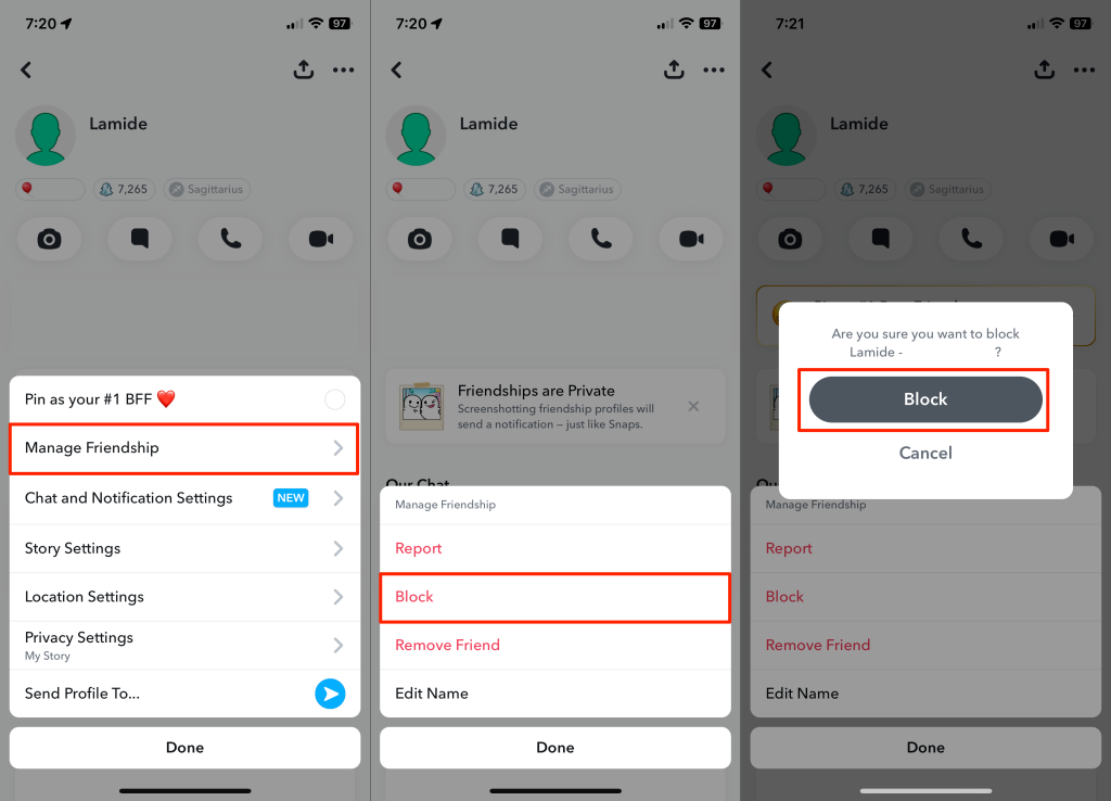 Steps for blocking someone on Snapchat through chat