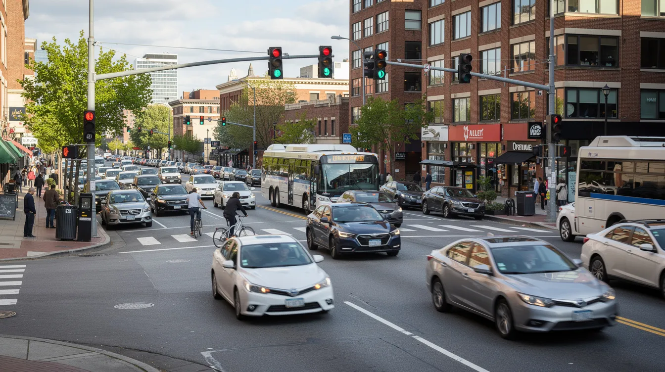 The image depicts a bustling intersection in downtown Richmond, featuring traffic lights and various vehicles navigating the busy streets. This scene captures the potential for car accidents, highlighting the importance of legal representation from a Richmond car accident lawyer for those involved in auto accidents.