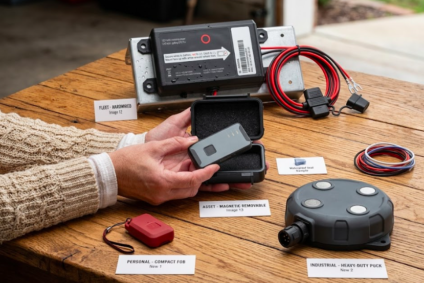 The image showcases various GPS tracking devices arranged on a wooden table, highlighting different sizes and mounting options suitable for outdoor activities. Some of the trackers are designed with waterproof casings, ensuring durability and reliability even in wet conditions, making them ideal for real-time GPS tracking of valuable items and fleet vehicles.