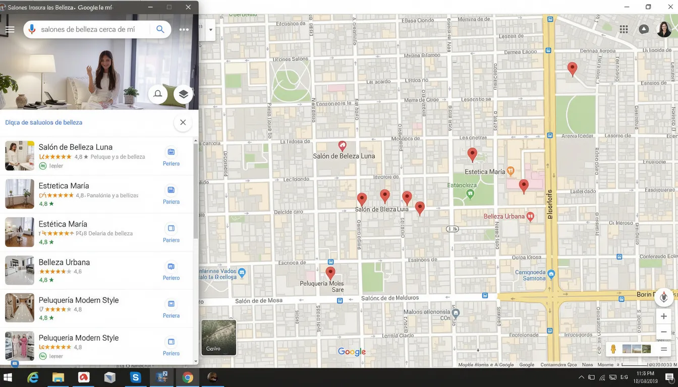 Captura de pantalla de Google Maps que muestra varios salones de belleza en una ciudad, resaltando la ubicación de los centros de peluquería y estética, lo que facilita a los clientes encontrar información sobre sus servicios y realizar reservas.