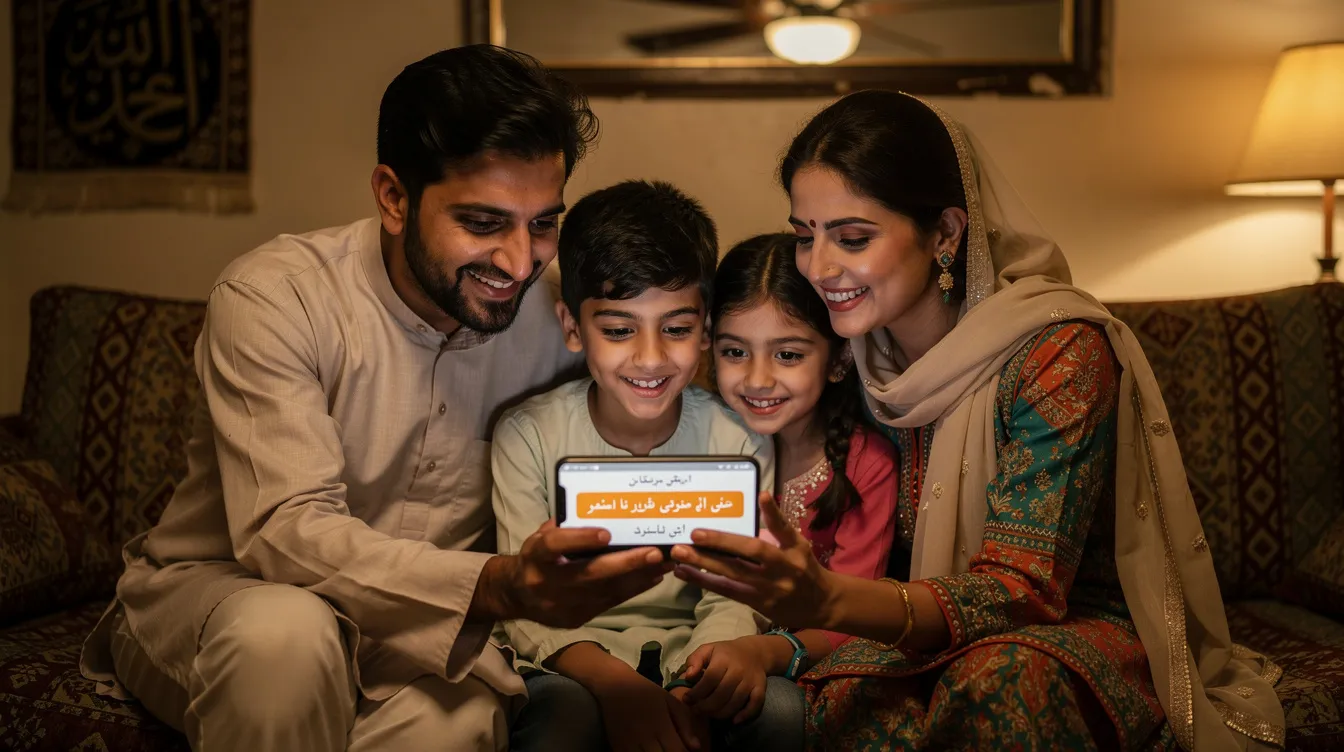 A joyful family in Pakistan is gathered together, smiling as they look at a mobile phone notification, likely related to receiving money through a bank account. This moment reflects the ease of sending money to loved ones, highlighting the benefits of using services like Bank Alfalah for secure and instant transactions.