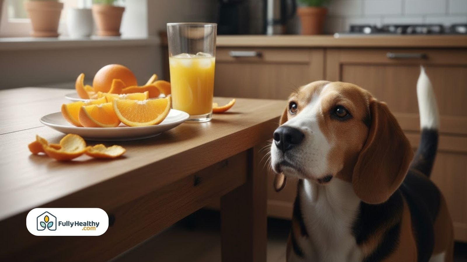 Dog sniffing kibble next to peeled orange segments on wooden floor