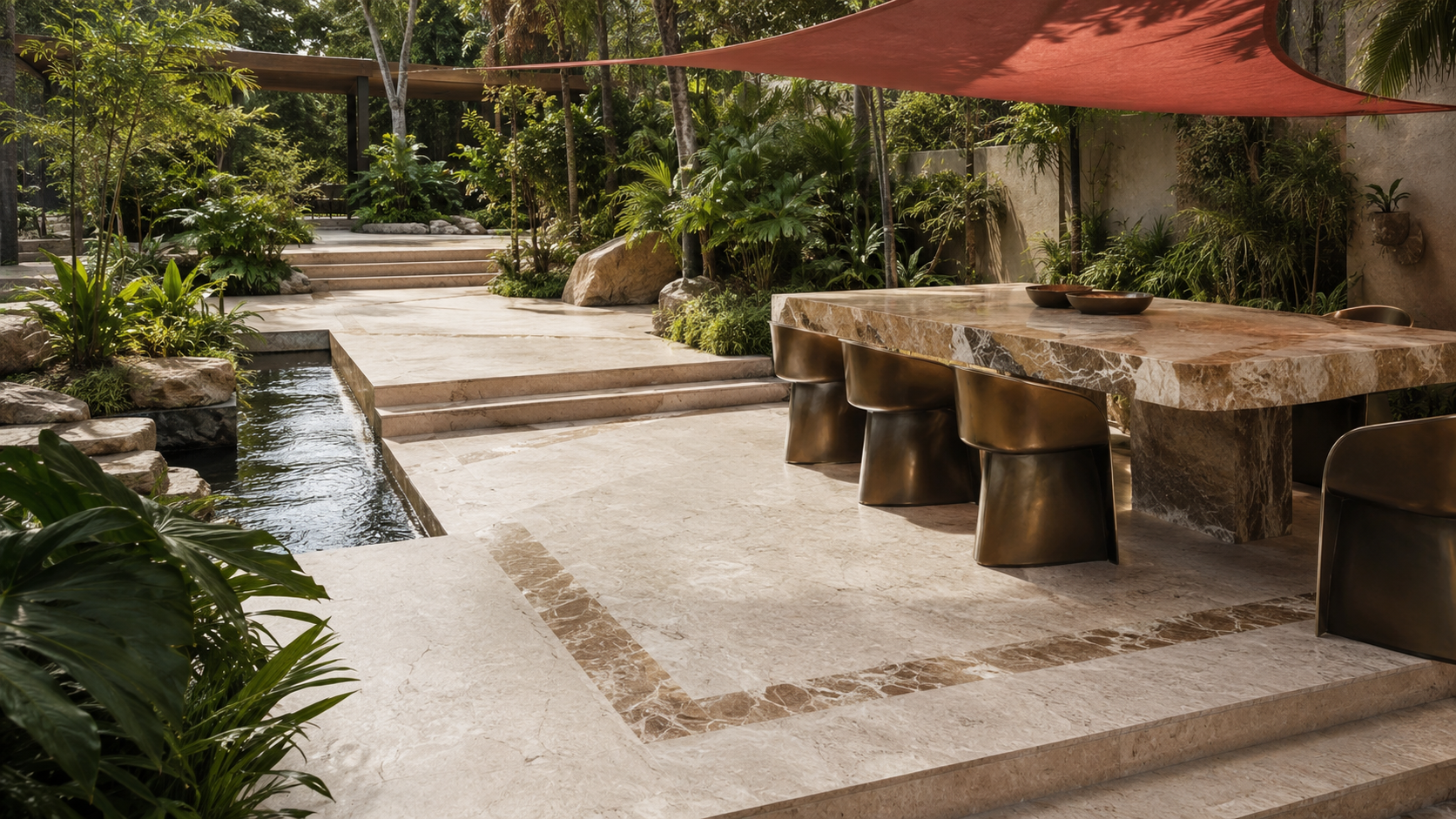 Luxury tiered patio combining pale porcelain pavers with natural stone accents.