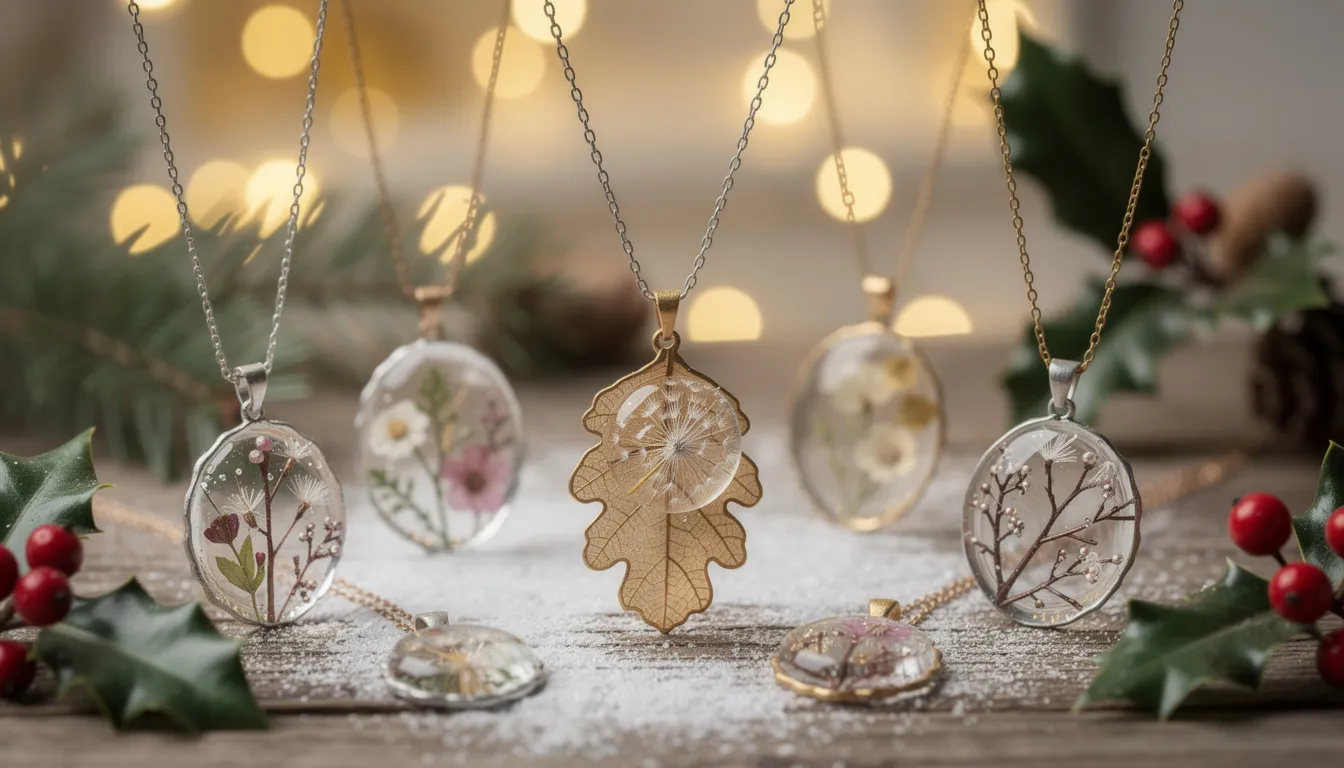 The image showcases a collection of handcrafted botanical Christmas necklaces, featuring delicate pendants made from real leaves and flowers in elegant rose gold and gold tones. These timeless pieces are designed to add a personal touch to festive outfits, making them perfect gifts for the holiday season.