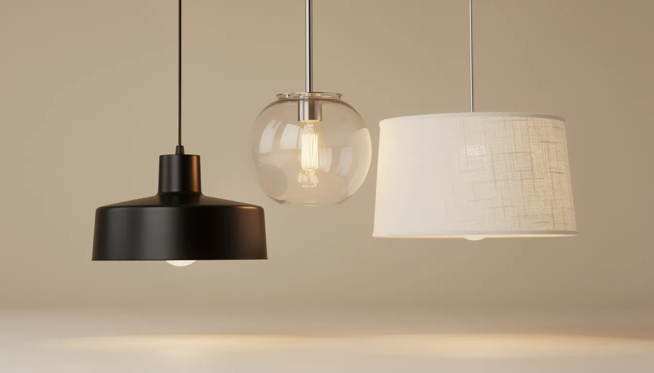 Bilden visar olika stilar av taklampor, inklusive en minimalistisk svart taklampa, en glas glob lampa och en lampa med textilskärm, arrangerade mot en neutral bakgrund. Dessa snygga taklampor erbjuder flera alternativ för belysning i hemmet, oavsett om det är i köket, sovrummet eller vardagsrummet.
