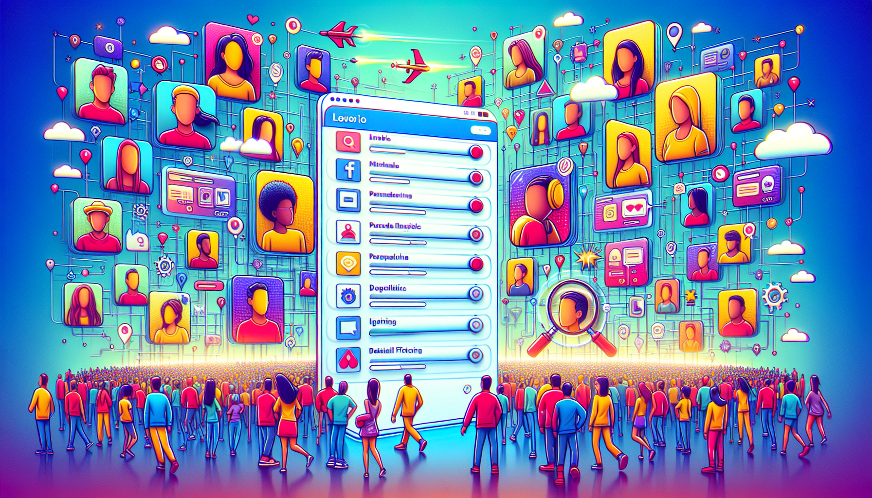 Illustration of a marketplace with influencer profiles and filtering options