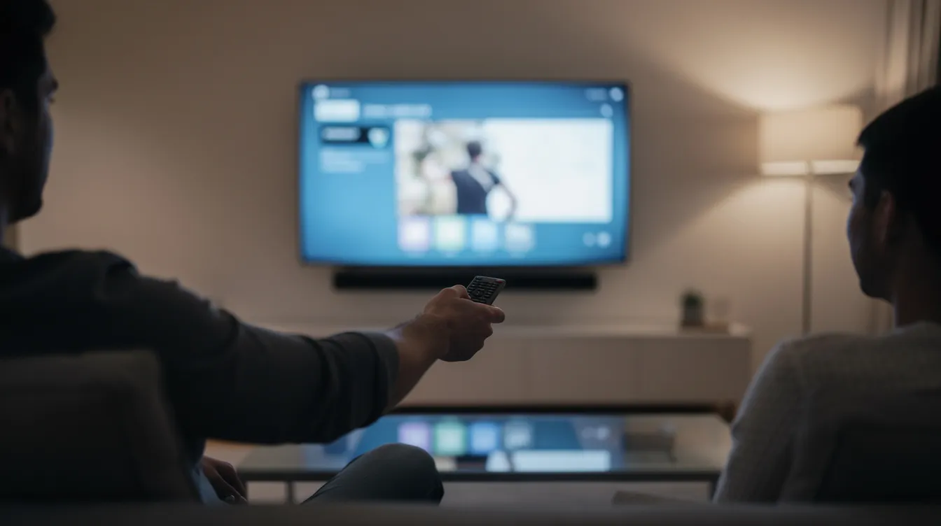 A person is seated in a dimly lit room, holding a remote control aimed at a large smart TV, ready to watch live TV channels or stream movies and TV shows. The scene suggests a cozy atmosphere for enjoying high-quality streaming with various IPTV services.