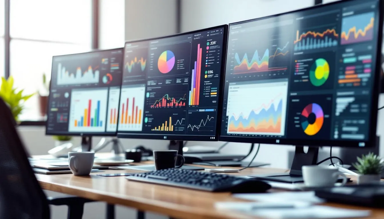 The image depicts an analytics dashboard displayed on multiple computer screens, showcasing various charts and data visualizations that represent data insights and trends. This setup illustrates the use of data analytics tools for informed decision-making in business operations and highlights the importance of data quality and security in modern data analytics services.