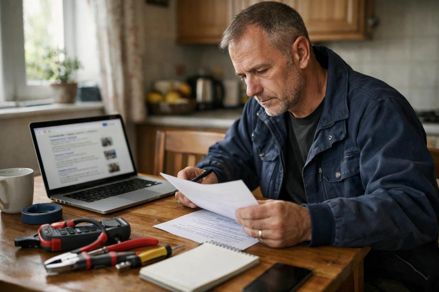 Electrician reviewing search results on a laptop while planning work at a kitchen table