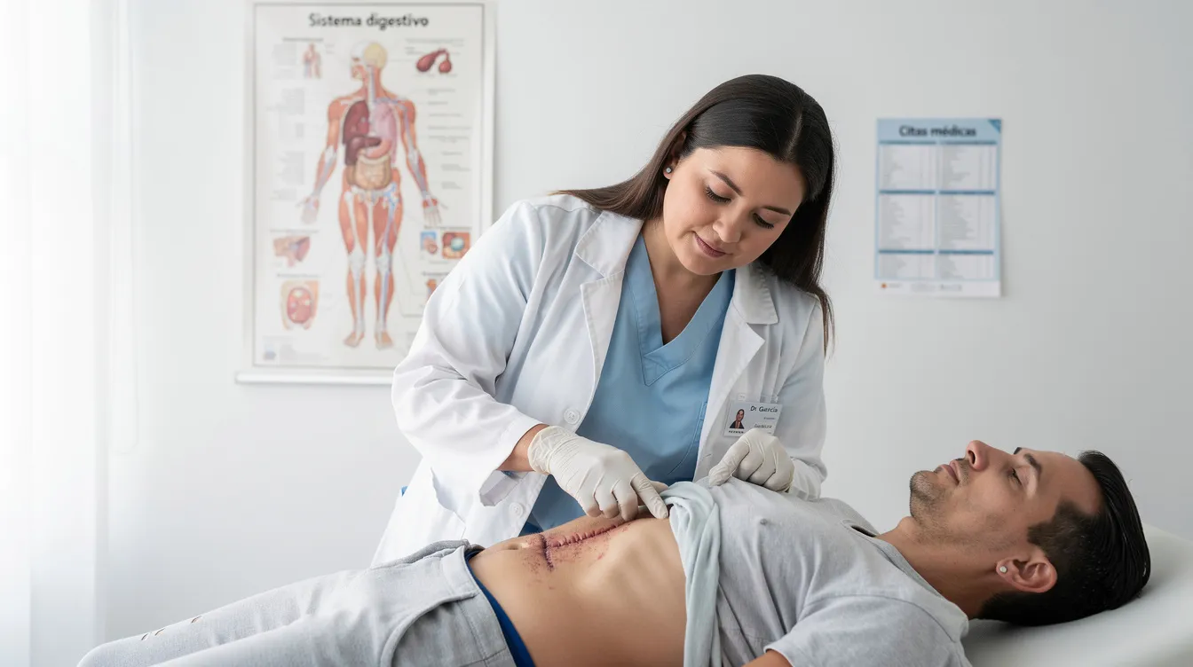 Un profesional sanitario examina cuidadosamente una cicatriz abdominal en un paciente, que se encuentra en ropa interior, después de una abdominoplastia. La imagen muestra la cicatriz alrededor del ombligo y la parte inferior del abdomen, destacando el proceso de cicatrización y recuperación tras la cirugía.