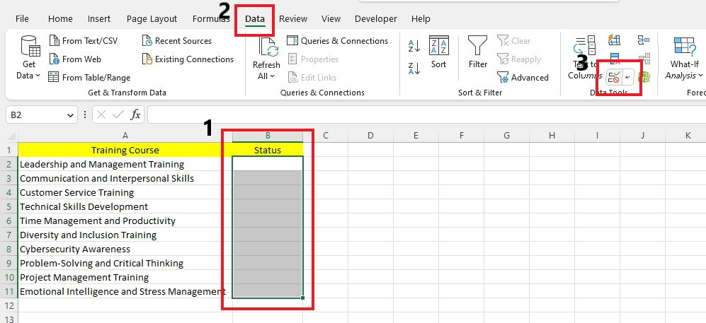 Select the cells under the status column, click the data tab, and click the data validation tool. 