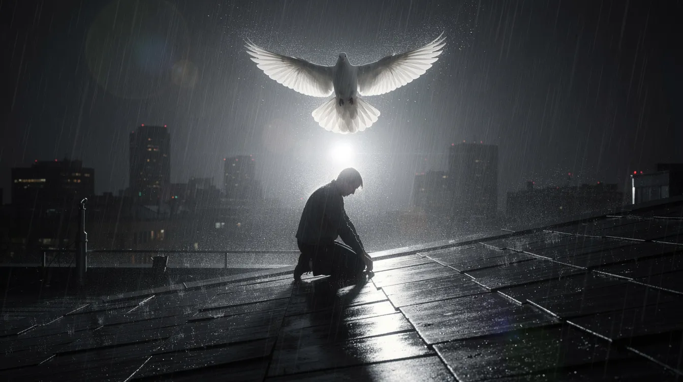 Eine einzelne kniende Figur ist im strömenden Regen auf einem dunklen Dach zu sehen, umgeben von dramatischem Gegenlicht. Eine weiße Taube fliegt empor und vermittelt ein Gefühl von Hoffnung in dieser dystopischen Szene, die an Ridley Scotts "Blade Runner" erinnert.