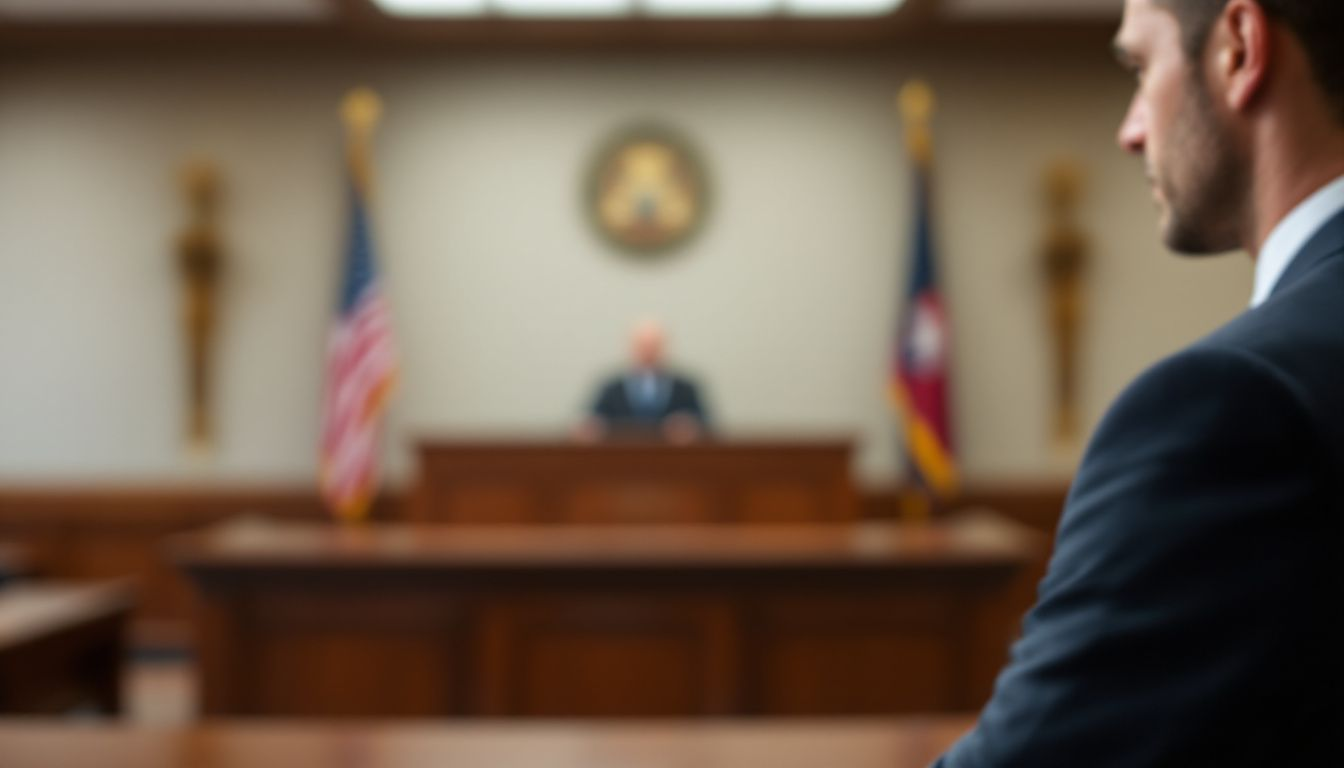 Legal defense strategies for DWI charges, illustrated with a blurred image of a courtroom.