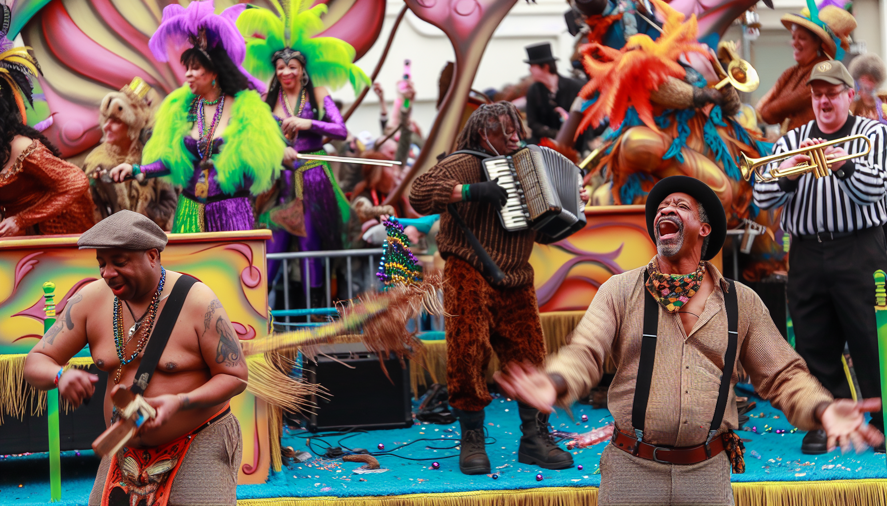 Colorful Mardi Gras parade with vibrant Zydeco and Cajun music performances