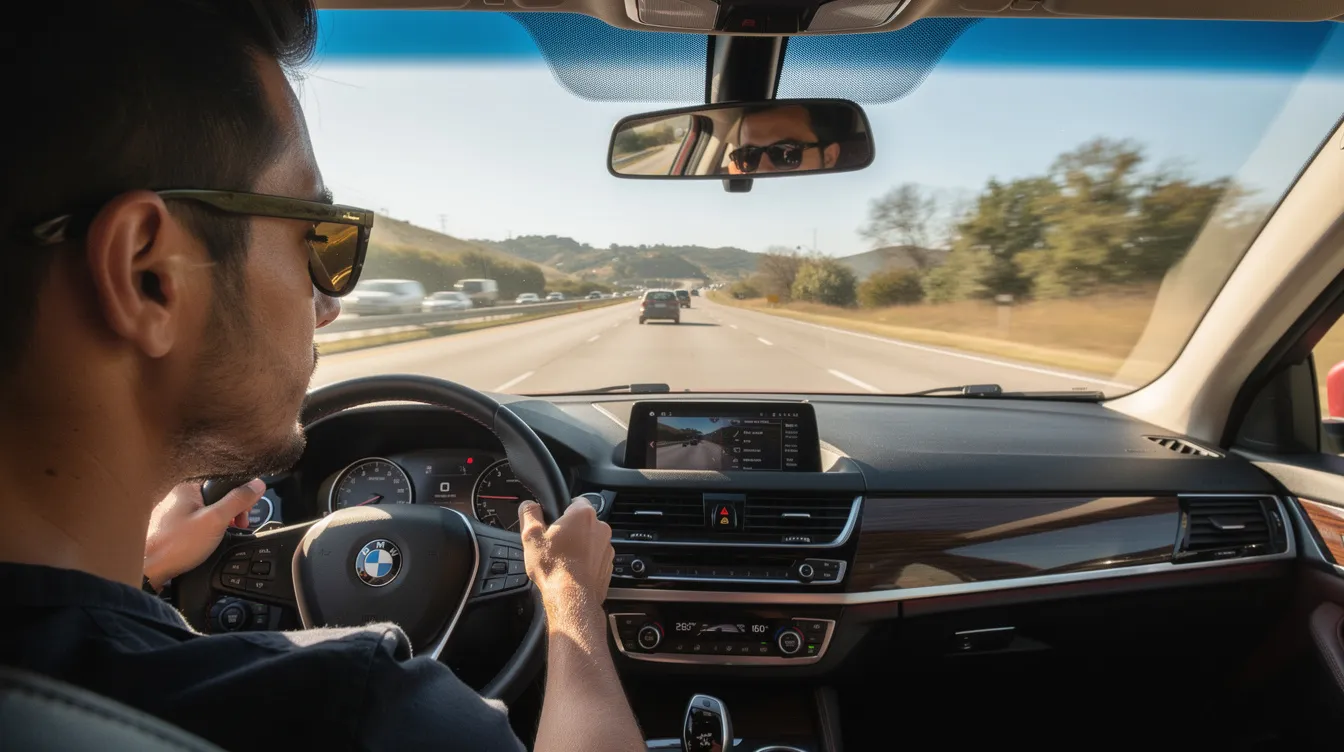 Uma pessoa está dirigindo um carro em uma rodovia ensolarada, usando óculos de sol com lentes escuras, que proporcionam proteção e conforto para os olhos. A cena transmite uma sensação de liberdade e aventura sob a luz do sol.