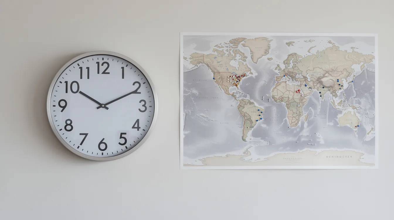 The image features a large wall clock displaying the time alongside a world map marked with pins indicating locations in Southeast Asia and Western Europe, highlighting the time difference between Jakarta, Indonesia, and London, United Kingdom. This visual representation serves as a useful tool for planning meetings or schedules across different time zones.