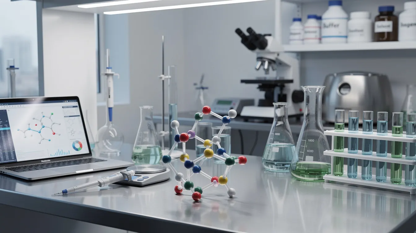 The image depicts a laboratory filled with scientific equipment and molecular structures, illustrating the complex environment where research on melatonin production and its effects on sleep patterns occurs. This setting emphasizes the importance of understanding how the hormone melatonin, produced by the pineal gland, regulates circadian rhythms and influences sleep quality.