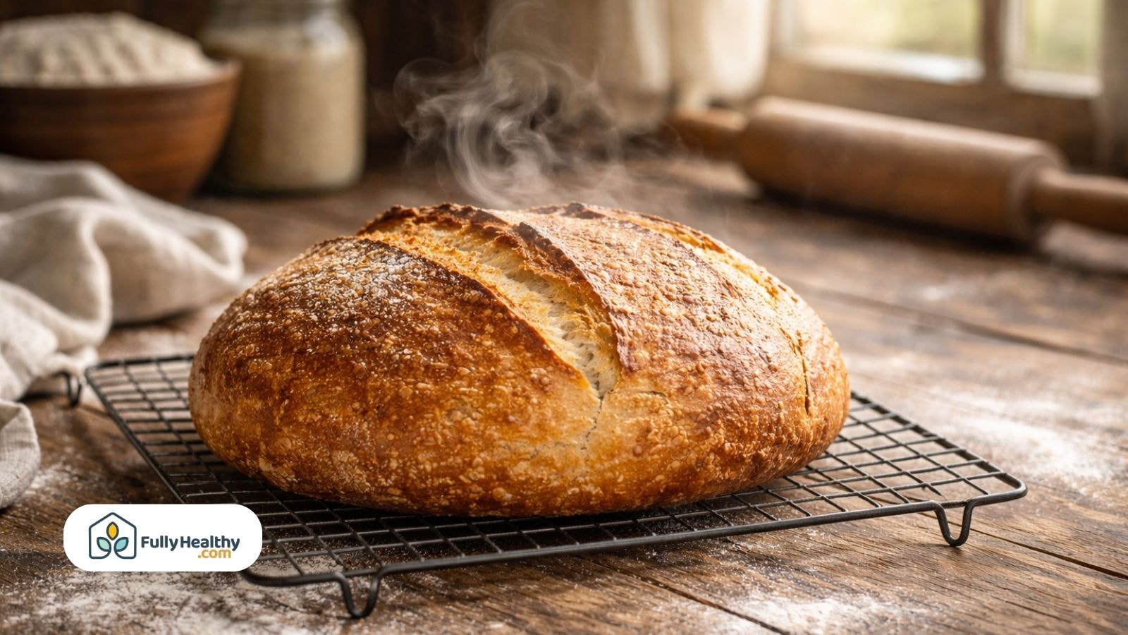 Freshly baked sourdough bread cooling on rack with steam rustic kitchen