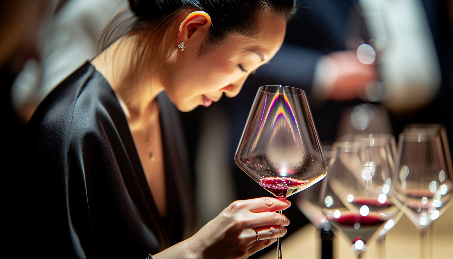 A person swirling a glass of red wine during a tasting event