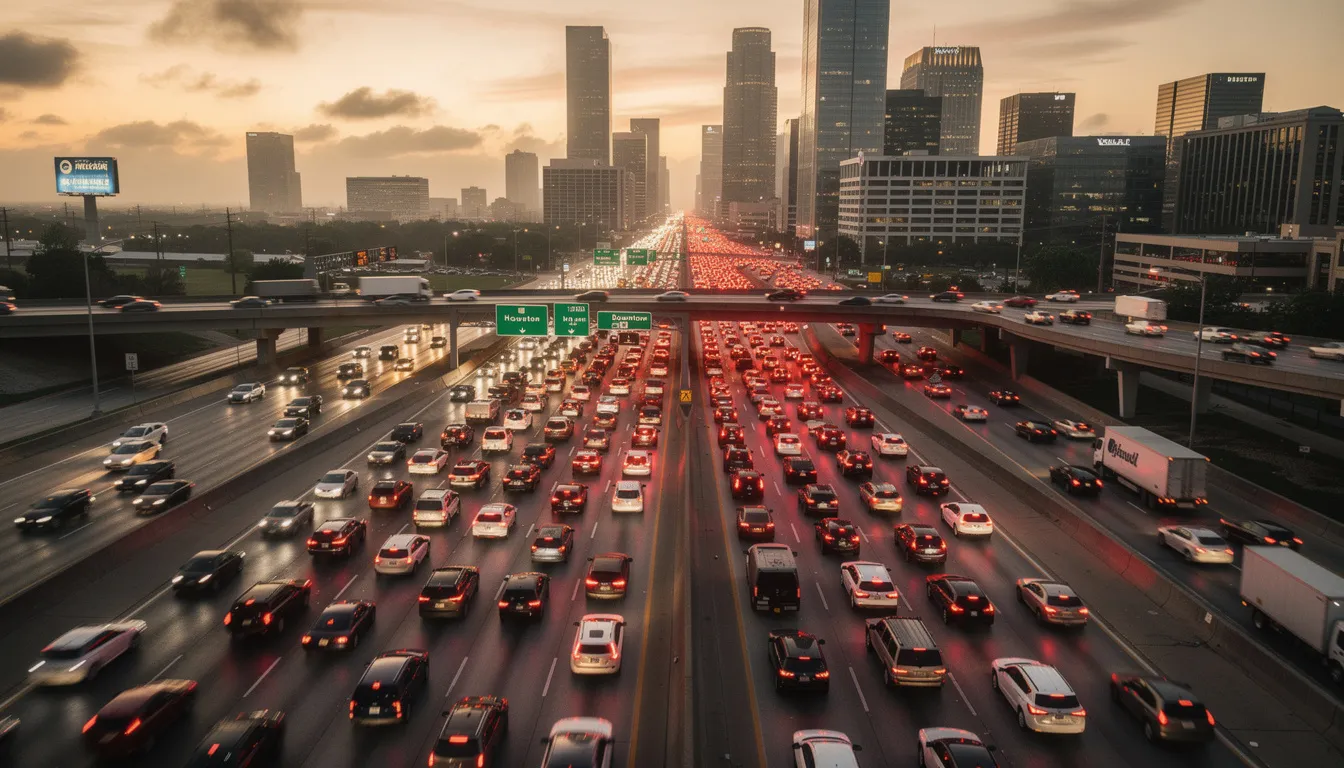 The image depicts a congested highway in Houston during rush hour, with numerous vehicles, including public transport buses, stuck in traffic. This scene highlights the potential for accidents, such as bus accidents, which can lead to significant damages and injuries for passengers and drivers alike.