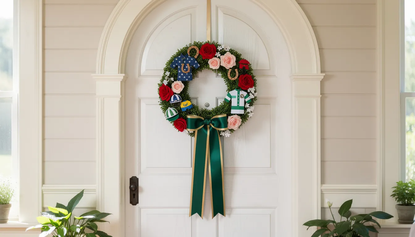 The image features a charming arched doorway adorned with a Kentucky Derby themed wreath, decorated with vibrant red roses and floral garlands, perfect for a derby party atmosphere. This inviting entryway sets the stage for a fun and stylish race day celebration.