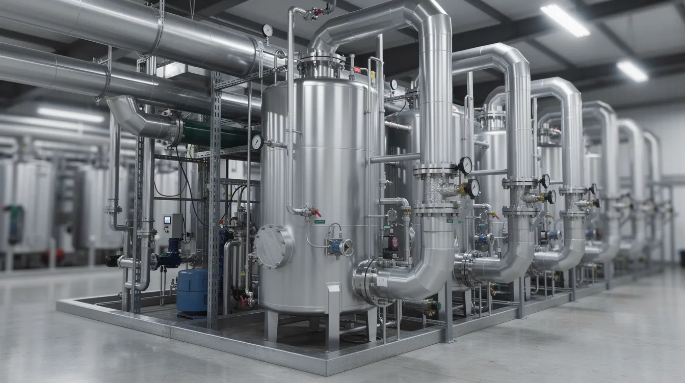 The image depicts an industrial boiler system showcasing various components essential for boiler efficiency and maintenance, including metal surfaces and pipes. This system is designed for effective boiler treatment, utilizing corrosion inhibitor chemicals to prevent rust and scale, ensuring the longevity and performance of steam and hot water boilers.