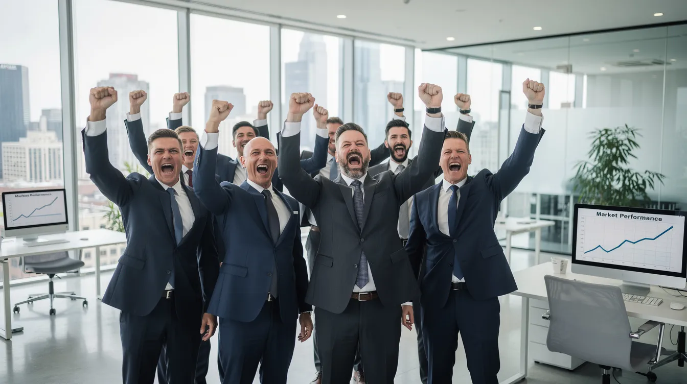 Eine Gruppe von Männern in teuren Anzügen feiert begeistert in einem modernen Großraumbüro, während sie die Arme in die Luft strecken. Diese Szene erinnert an den Film "The Wolf of Wall Street", in dem der exzessive Lebensstil von Börsenmaklern in New York thematisiert wird.