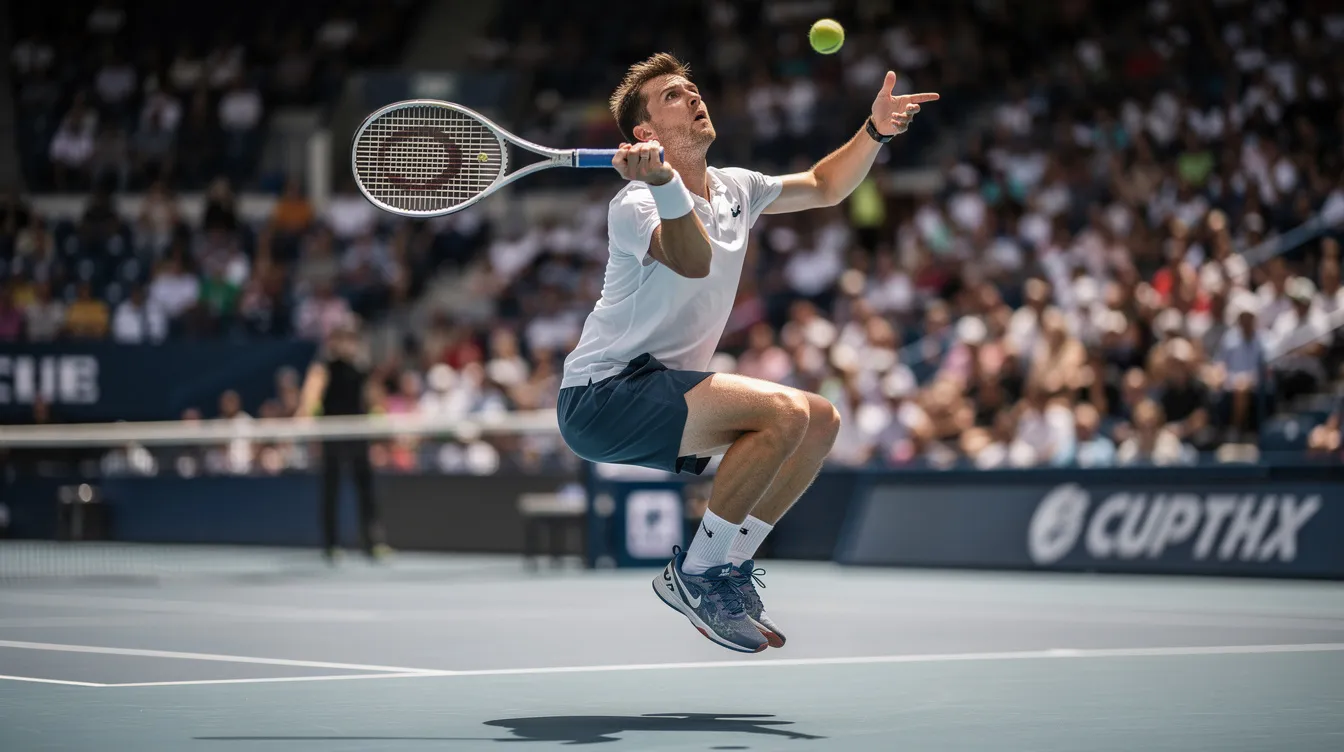 A tennis player is captured in mid-air, launching off the ground with bent knees while preparing to hit a kick serve. The upward swing path of the racket indicates a powerful serve, showcasing the player's focus on achieving maximum spin and effective contact point.