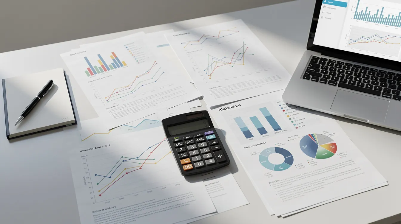 9b2ff91d 4c6e 48be 8df9 eb5b023f2c7c A cluttered desk displays various business documents, including a project report format, financial charts, a calculator, and a laptop, all essential for entrepreneurs preparing loan applications for funding options like the MSME or Mudra loan. The scene conveys a focused work environment where important financial details and eligibility criteria for business loans are being meticulously organized.
