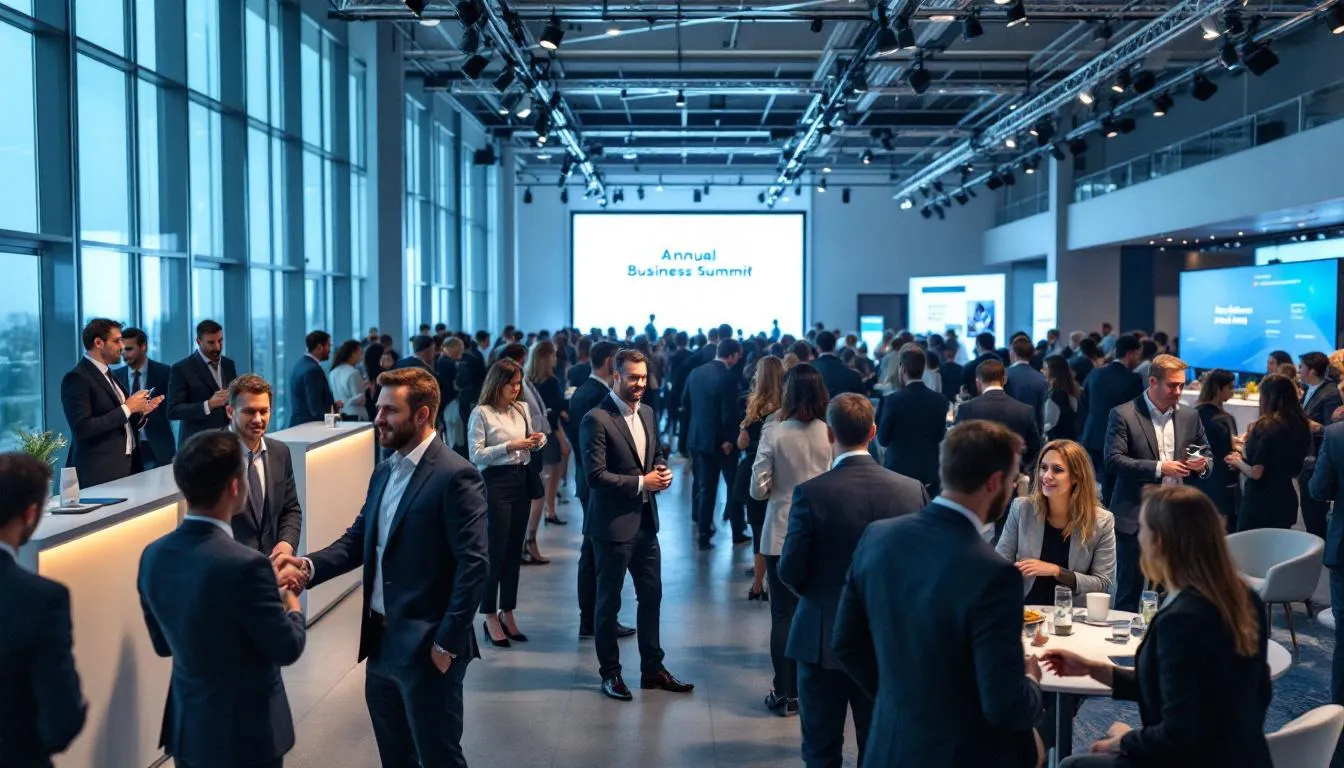 The image depicts a modern conference venue bustling with business professionals networking and engaging in conversations, showcasing the dynamic atmosphere of a corporate event. Participants are seen collaborating and exchanging ideas, emphasizing the importance of team building and effective communication in event management.