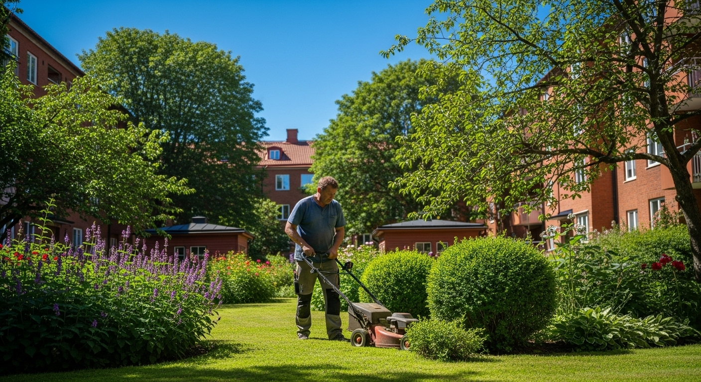 Trädgårdsmästare sköter underhållet av en bostads innergård