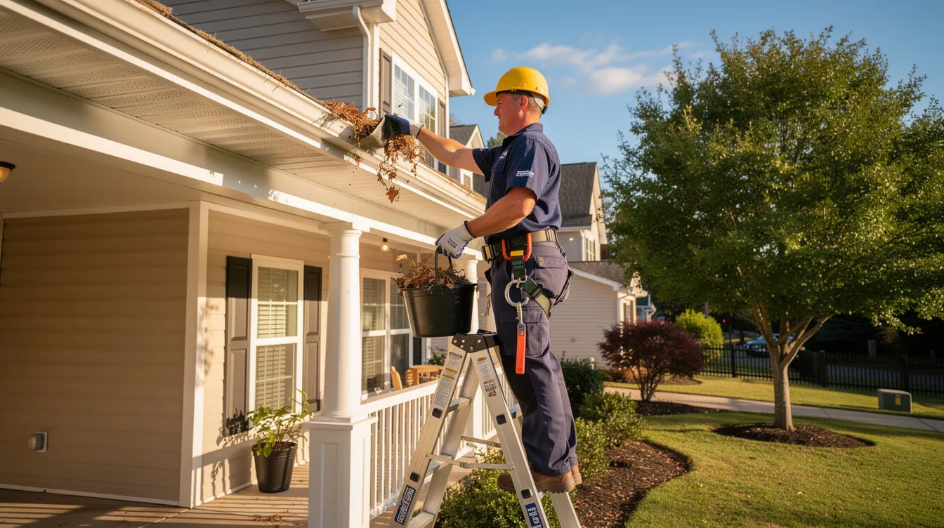A professional gutter technician is perched on a ladder, diligently cleaning debris from residential gutters under the bright sun, ensuring proper drainage and preventing clogged downspouts. This essential gutter cleaning service helps maintain the integrity of the home and protects against potential water damage.