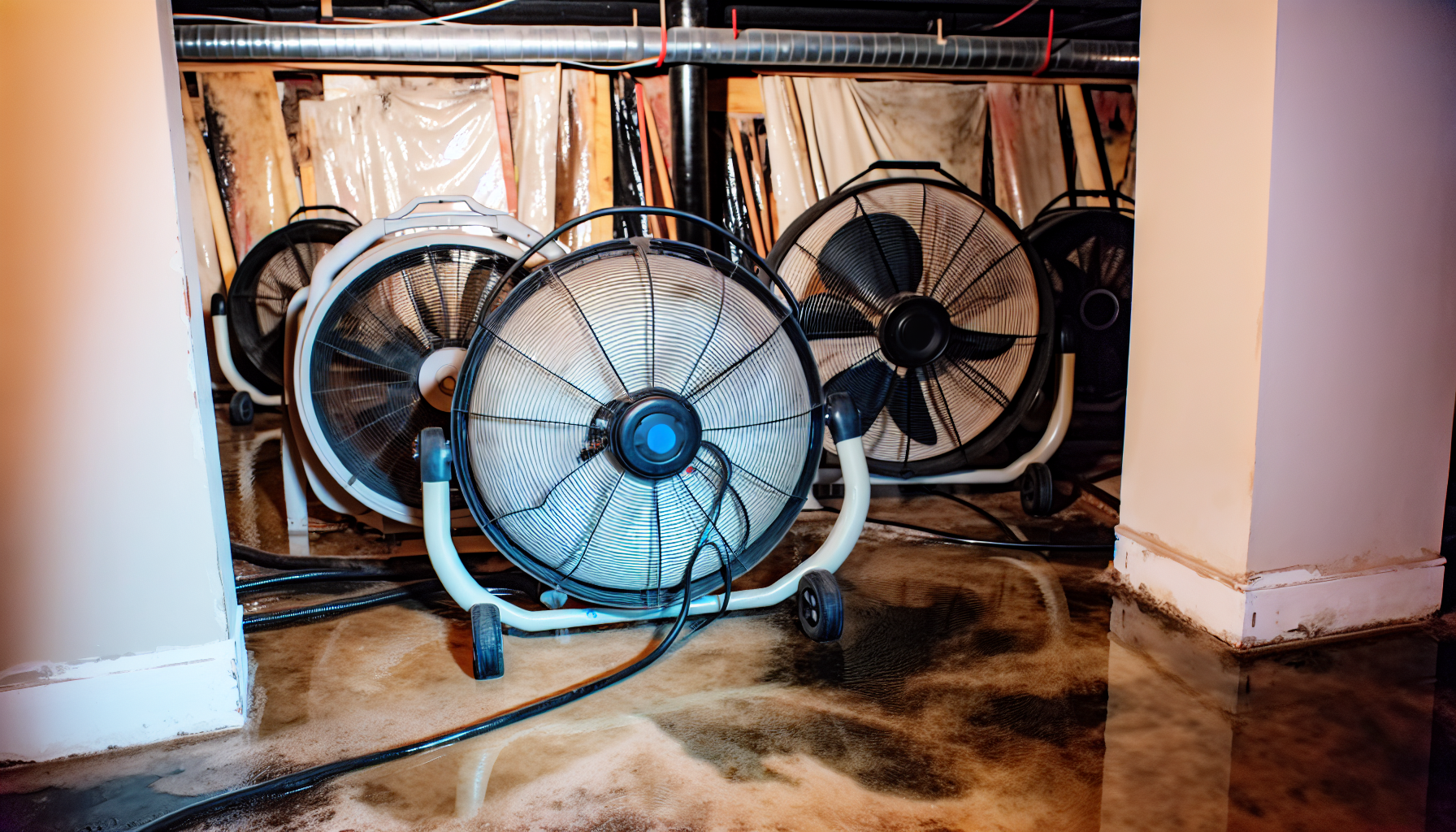 Industrial fans running in a water-damaged area