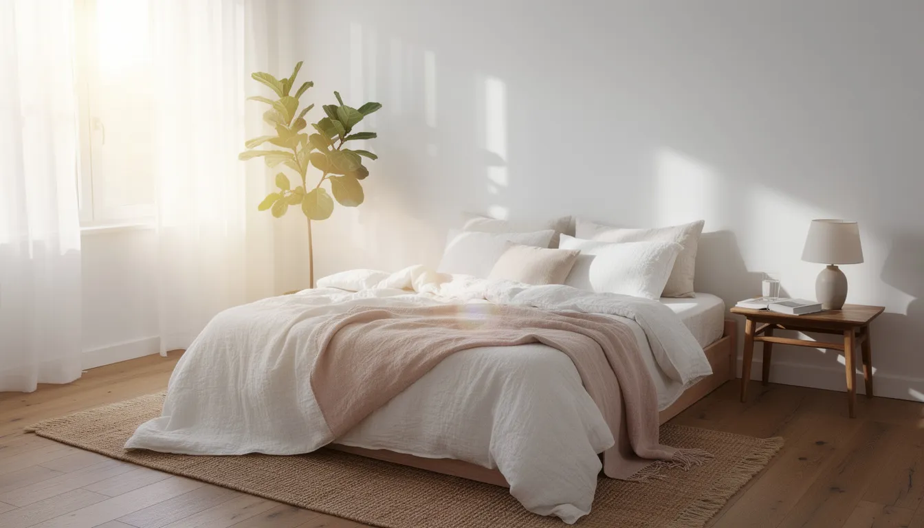 The image depicts a comfortable bedroom adorned with light, airy summer bedding made from natural fabrics, allowing soft natural light to filter through the windows. The use of breathable linen and cotton fabrics creates a relaxing atmosphere ideal for warm weather, showcasing the cooling benefits of these natural fibers.
